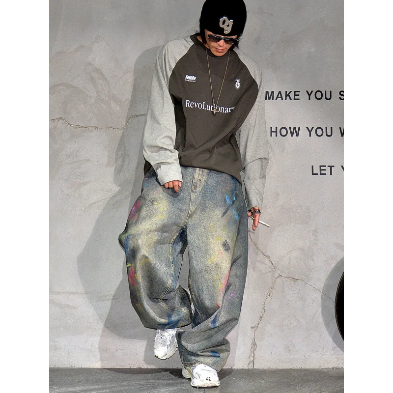 

Мужские джинсы с широкими изогнутыми штанинами в стиле стрит-мода с граффити, свободные джинсовые брюки в стиле Wasteland с эффектом потертости