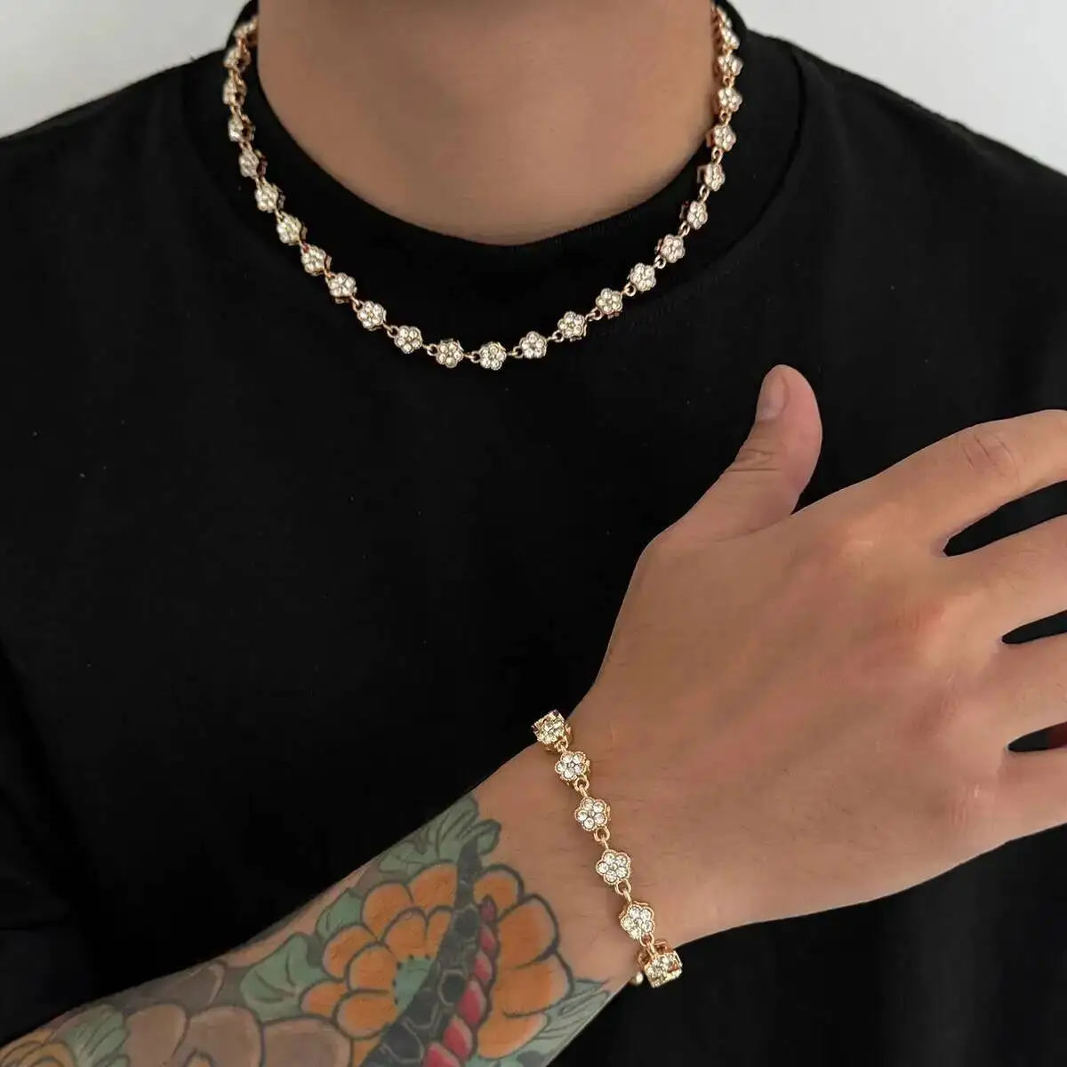 

SHIXIN Retro Rhinestones Flower Choker Necklace Bracelet Jewelry Set Men Trendy Adjustable Small Foral Collarbone Chain Bangle