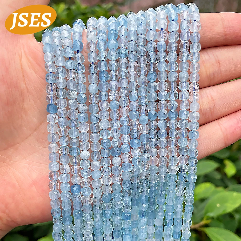 AA Natural 2/4mm Aquamarine Faceted Cube Beads Loose Gemstone Seed Beads for Jewelry Making DIY Bracelet Necklace Accessories