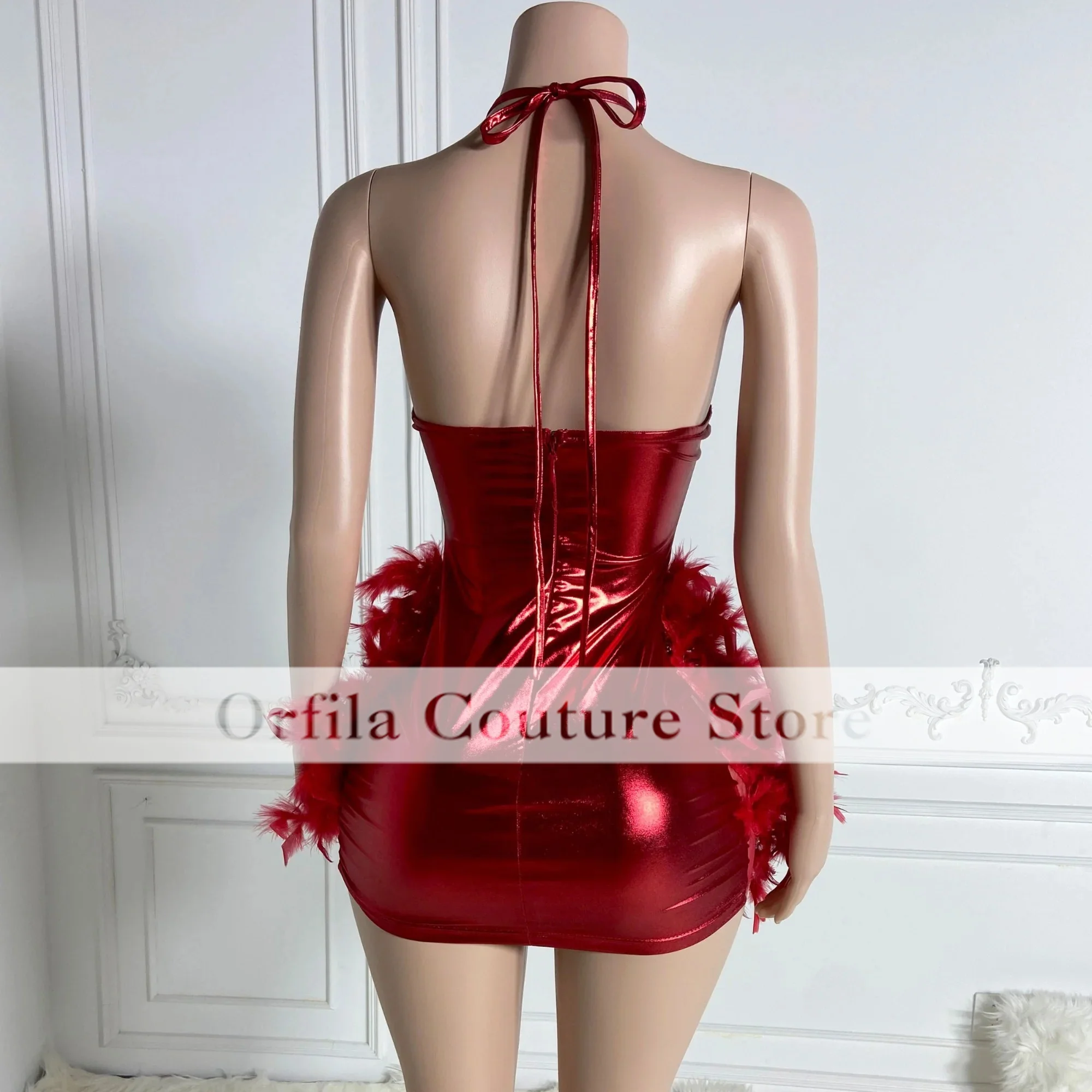 Sexy Black Girl Short Prom Dresses Customized Pink Halter Neck Silver Crystals Women Feather Cocktail Gowns For Birthday Party