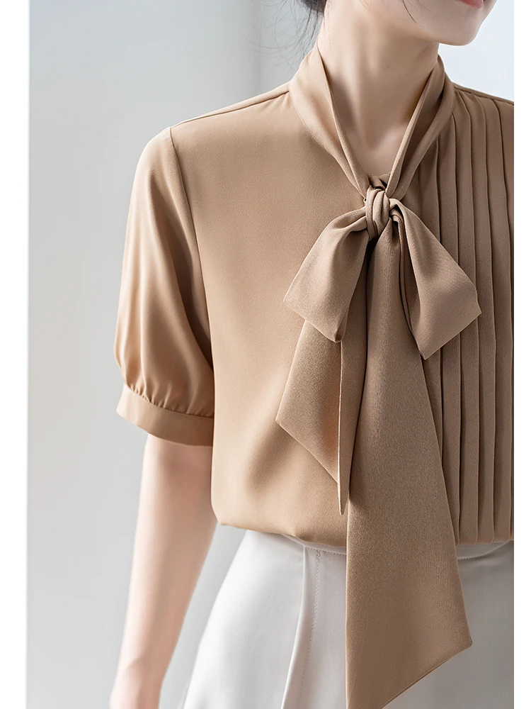 Khaki Chiffon Shirts Thin Short Sleeve Women Summer Top Elegant Professional Shirt Office Ladies Workwear Bow Blouse Trendy 2025