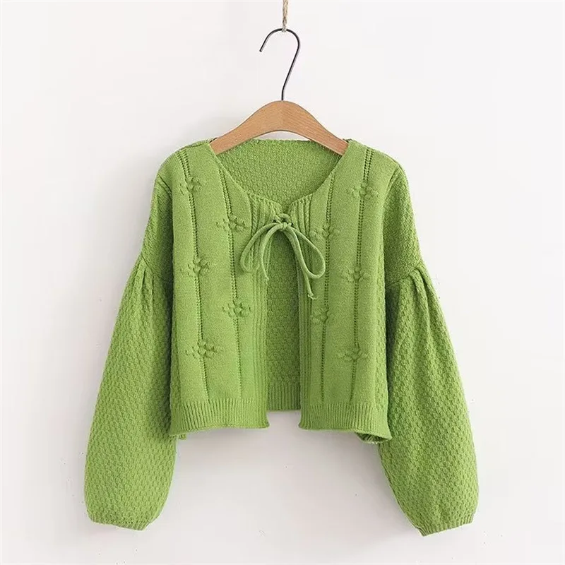 

French Style Handmade crochet Knitwear Women Spring Autumn O-Neck Lace-UP Puff Sleeves Loose Cardigans Fashion Sweet Sweater