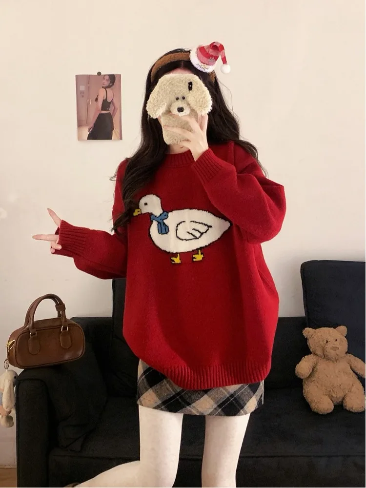 

plus Size Knitted Long Sleeve Duck Cartoon Sweater Casual Loose Slimming Autumn Winter New Style Color Block Knitwear Top for...