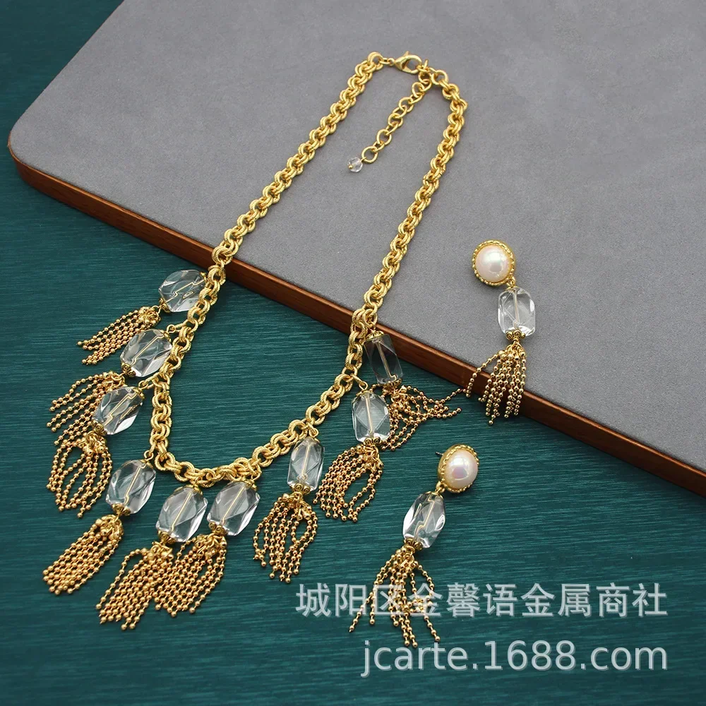 

European and American Tassel Crystal Gold Beans Retro Fashion Summer Cool Vintage Necklace Earrings Set