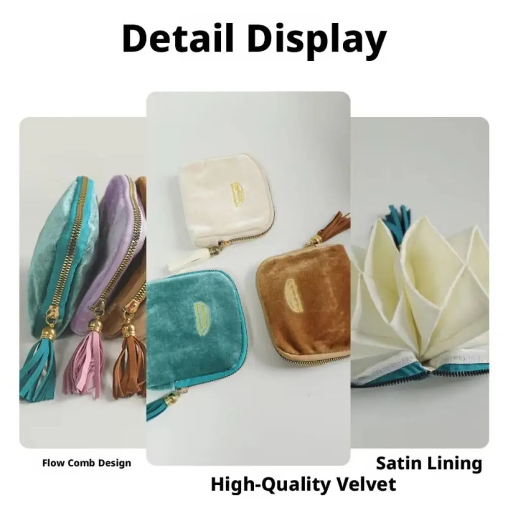 Velvet Jewelry Organizer Bag Multi Layers Zipper Closure Jewelry Storage Pouch Satin Lining Tassel Pull Travel Jewelry Case