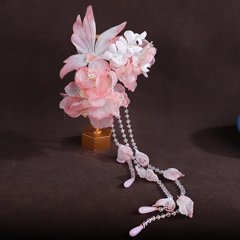 Luck Bracelet Hand String Antique New Chinese Style Pink Flower Tassel Headwear Hairpin Antique Hanfu Simulation Atmosphere Hair