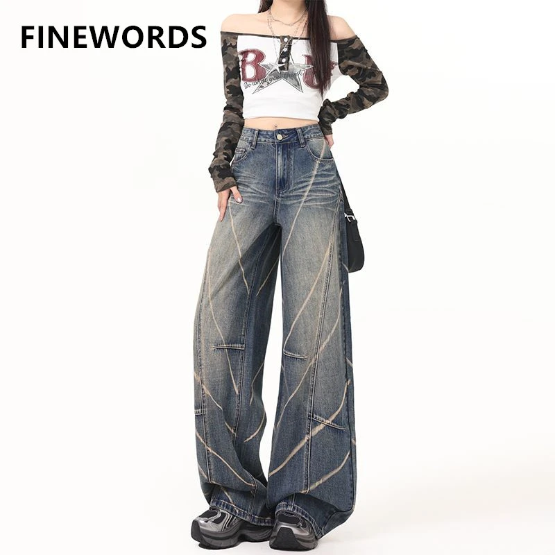 

FINEWORDS винтажные повседневные корейские джинсы Easymatch, свободные потертые широкие джинсы, длинные джинсы в стиле панк, уличная одежда