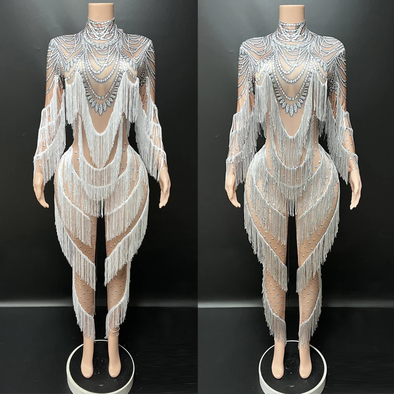 

Drag Queen Costume Christmas Day Rhinestones Fringed Jumpsuit Women Pole Dance Clothes Halloween Nightclub DJ Rave Outfit 10581