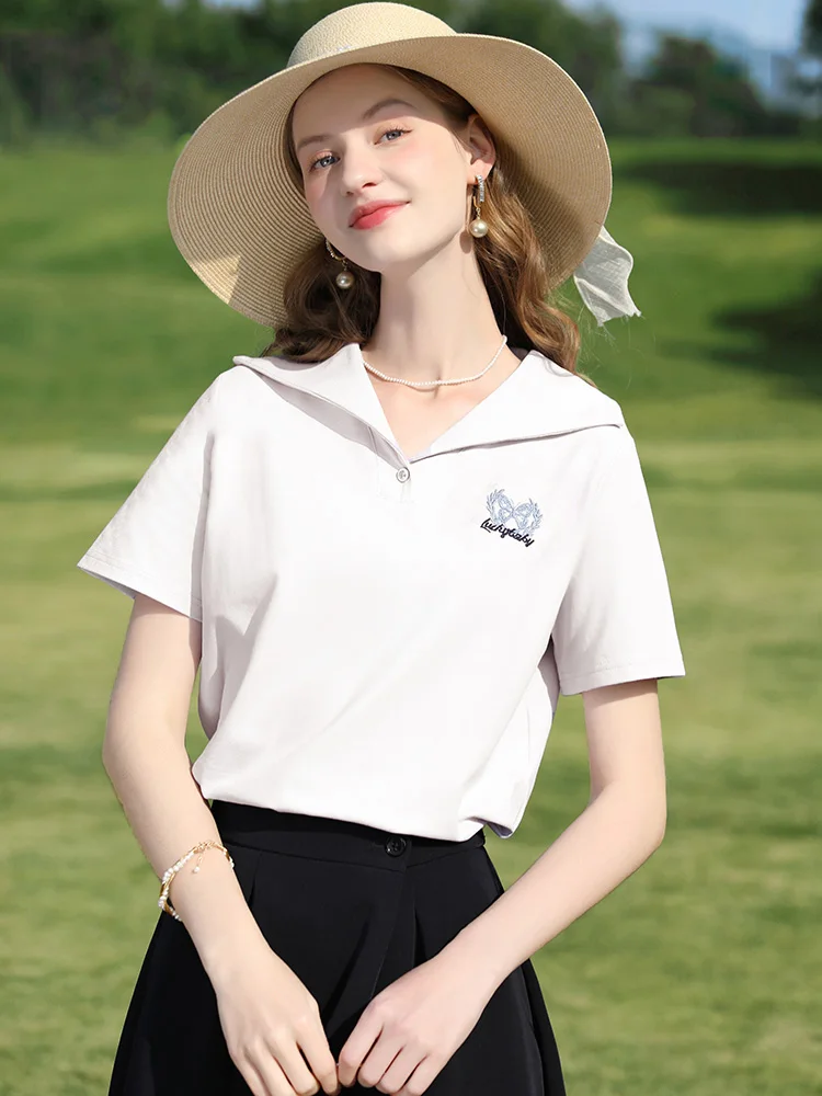 I BELIEVE YOU Fashion Embroidery T-shirt for Women 2026 Summer White Retro Sailor Collar Tee Casual Short Sleeve Top 2251015968