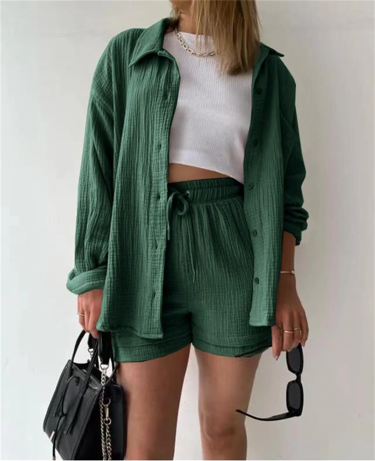 Women\'s Solid Two Piece Lapel Pleated Long Sleeve Shirt Top High Waist Drawstring Shorts Casual Office Suit Summer Outfits Sets