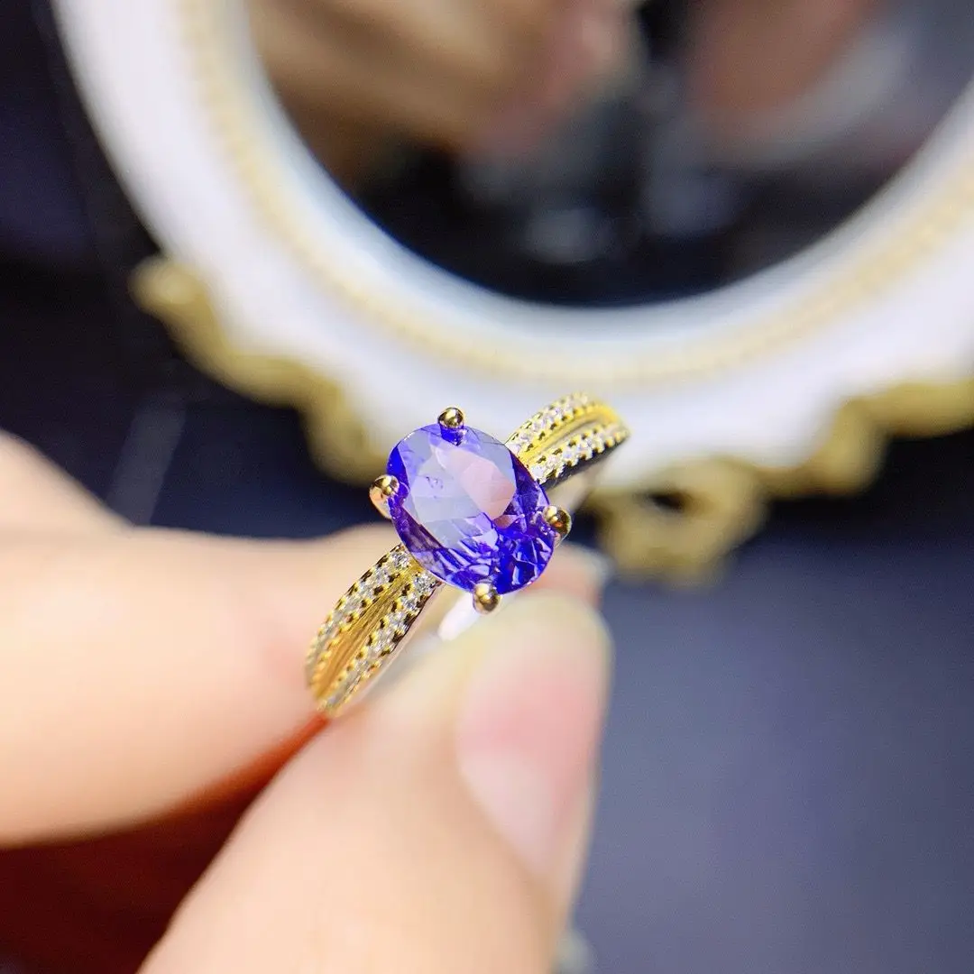 ZECAA Tanzanite Fine Jewelry Woman Tanzanite Ring With Natural Tanzanite Gemstone 6*8mm Silver Lady Tanzanite Ring For Woman