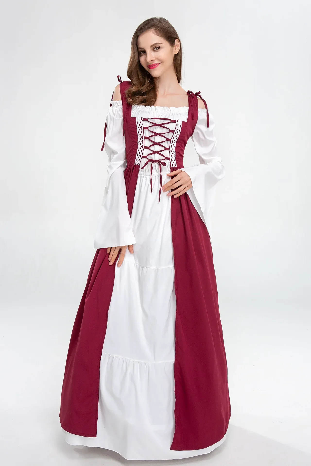 هالوين موحدة المرأة القرون الوسطى المحكمة يتوهم مصاص دماء تأثيري حلي كرنفال خمر حمالة كم طويل الملكة فستان طويل