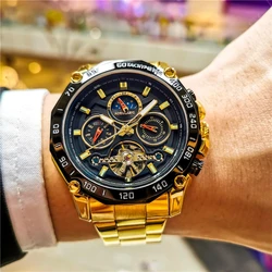 AOKULASIC Military Multifunction Watch for Men Tourbillon Gold Moon Phase Skeleton Automatic Mechanical Watches Stainless Steel