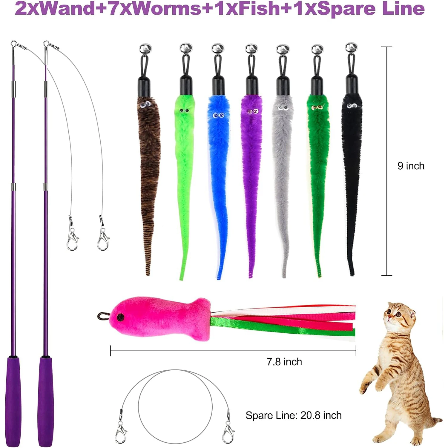 Interaktives, einziehbares Katzenspielzeug mit Wurm-Nachfüllungen, Wurm-Teaser für Hauskatzen, Katzenangelrute für Bewegung. – Detail 2