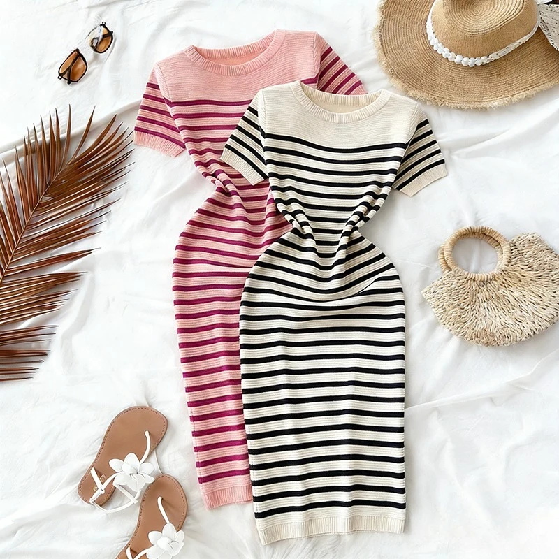 Schwarz-rosa gestreiftes Midikleid mit Rundhalsausschnitt, kurzärmelig, dehnbar, aus Strick, figurbetont, lässig, für Sommer, Strand, Party, Kleider-Outfits