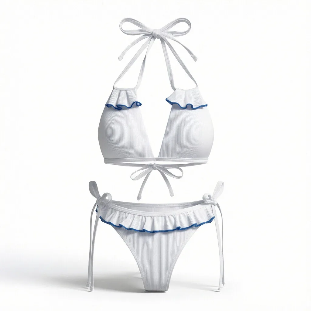 

Sexy White Ruffle Bikini Set Women Halter Tie Two Piece Push Up Swimsuit High Cut Brazilian Beachwear for Summer Vacation