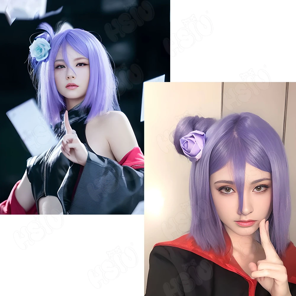 HSIU-Peruca Roxa Sintética com Boné, Cosplay Konan, Cabelo Curto, Resistente ao Calor, Anime, 40cm