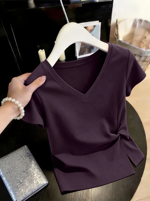 Summer Women's V-Neck Short Sleeve T-Shirt Fashionable Asymmetrical Slimming Split Design Casual Comfortable Breathable Cotto...