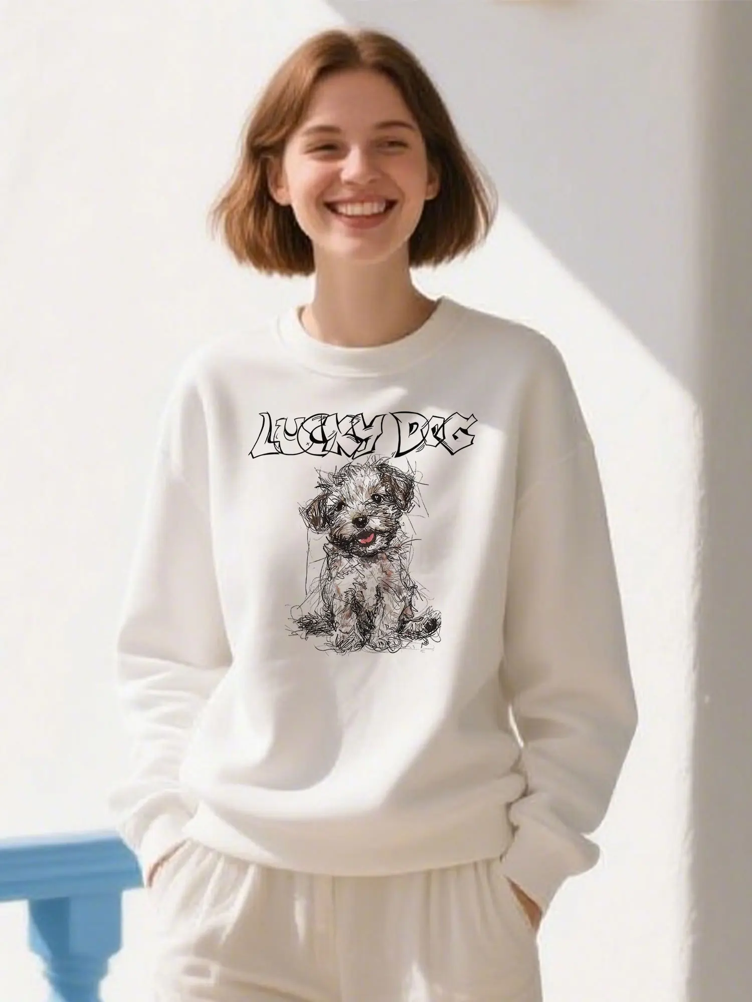 

Classic Cotton Pullover Hoodie With Lucky Dog Print, Soft Casual Unisex Sweatshirt For Christmas Gifts And Outdoor Activities