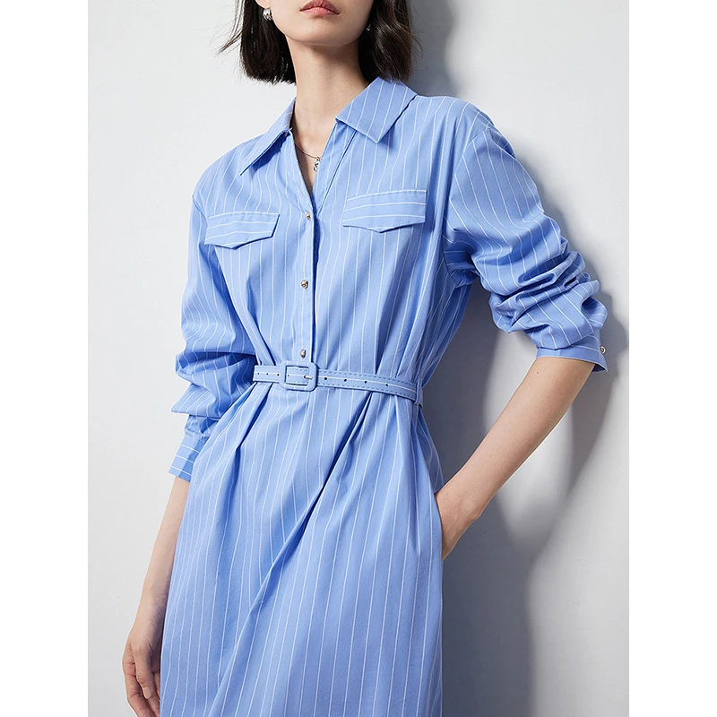 TOYOUTH Women Dress 2024 Autumn New Blue and White Striped Slim Waist Mid Length Elegant Office Lady Shirt Dress With Waistband