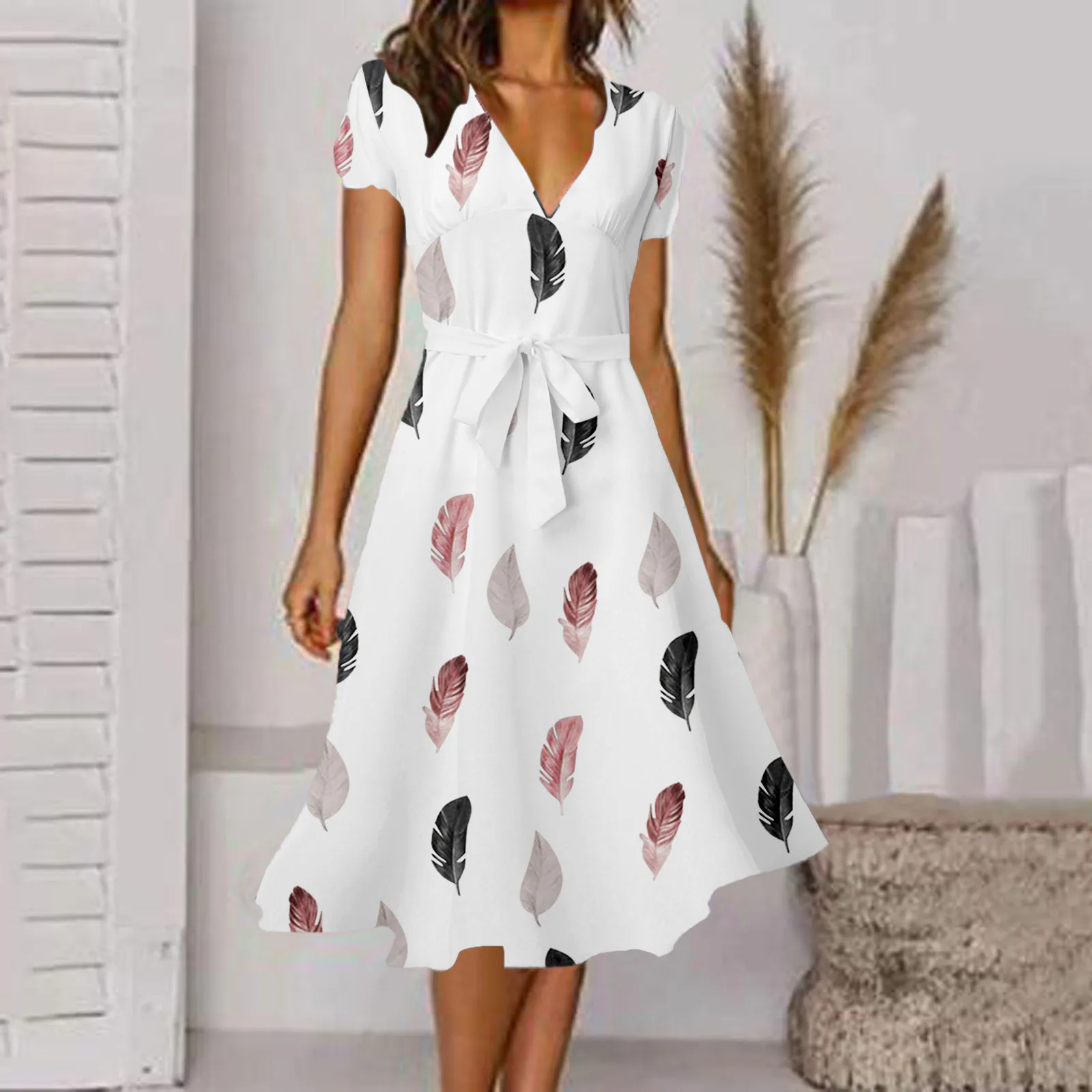 

Women's Robe Dress Floral Print Short Sleeve Summer Boho Long Dress Women Casual Loose V Neck Slim Sun Dress Vestidos 2023