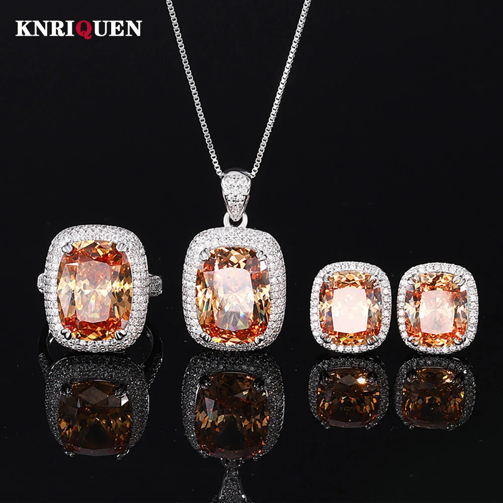 

Retro Luxury 12*16mm Topaz Gemstone Necklace Pendant Ring Earrings Wedding Fine Jewelry Sets for Women Female Accessories Gift