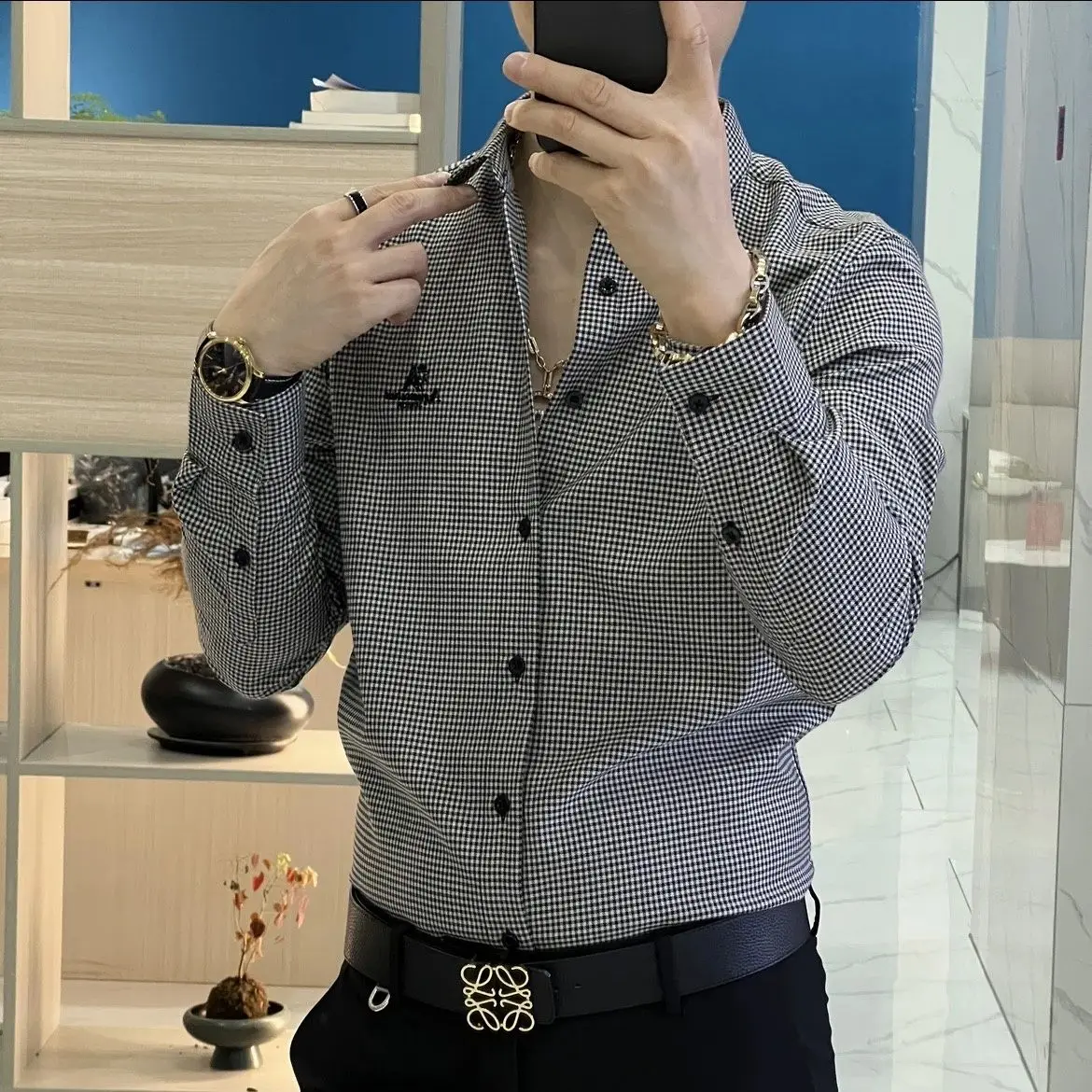 European High-quality Early Autumn Men\'s New Long Sleeved Checkered Chest Embroidery Craft Shirt, Business Formal Shirt