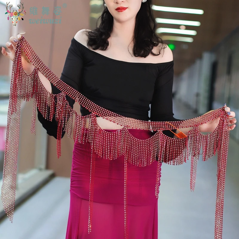 Belly Dance Fringe Belt Women Advanced Luxury AB Bright Diamond Wave Tassel Hip Scarf Adult Oriental Dance Practice Accessories