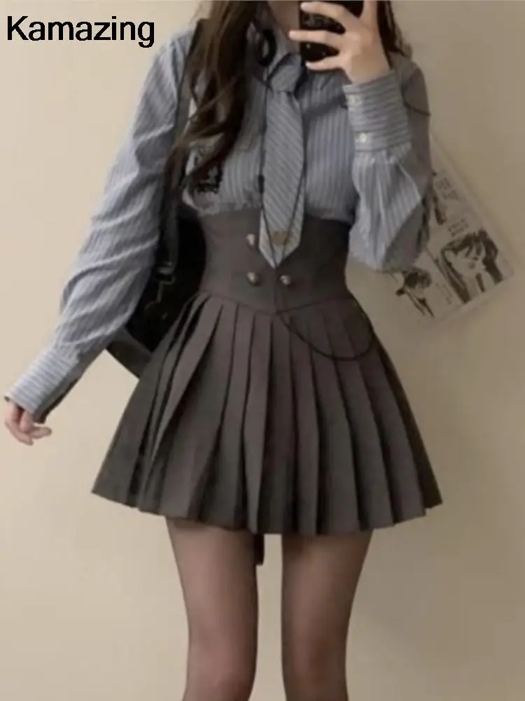 Autumn New 3 Piece Set Women Kawaii Skirt Suits Female Short Coat Pleated Mini Skirt Striped Shirt Y2K Korean Fashion Outfits