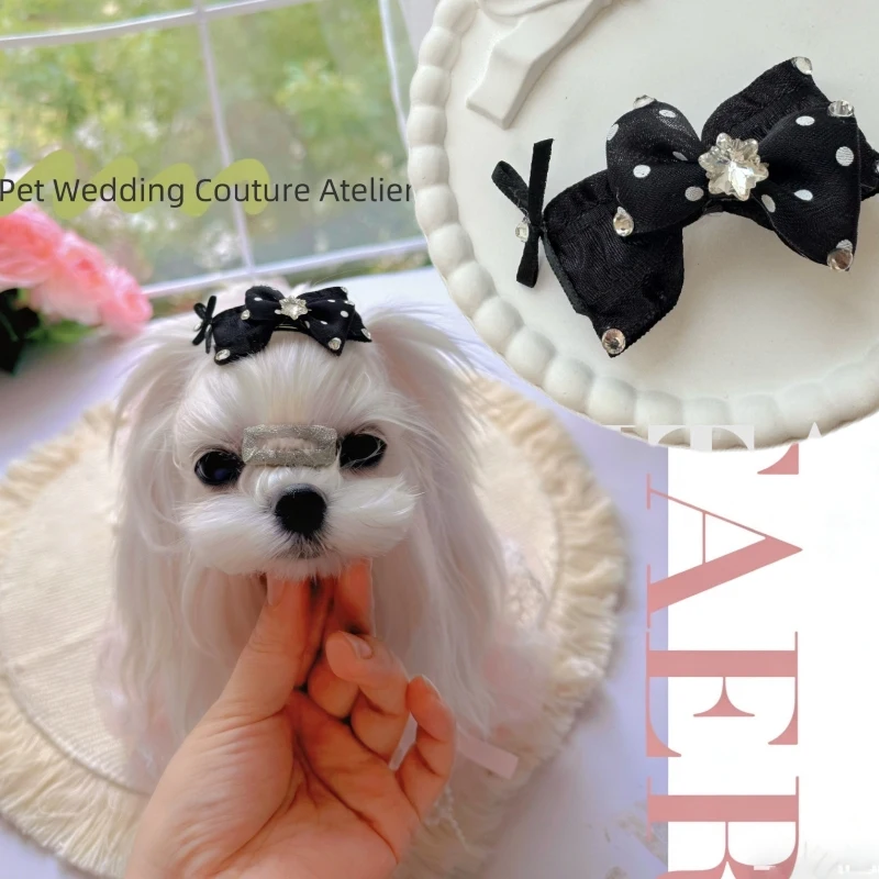

NEW Elegant French Bow Rhinestone Dog Hair Clip For Pet Black Adorned Hairpin With Statement Bow Sparkling Hair Accessories