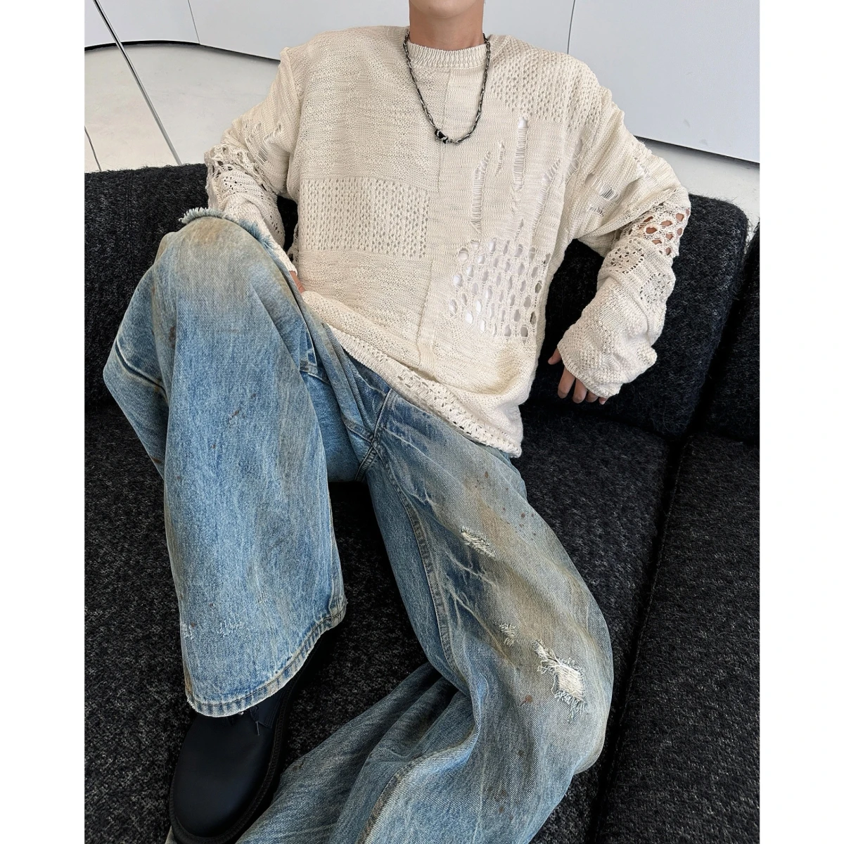 

American Retro Men's Knitted Sweater Winter Casual Loose Fit Woolen Hole Irregular Sle Autumn Winter Laid-ba Old Money Sle