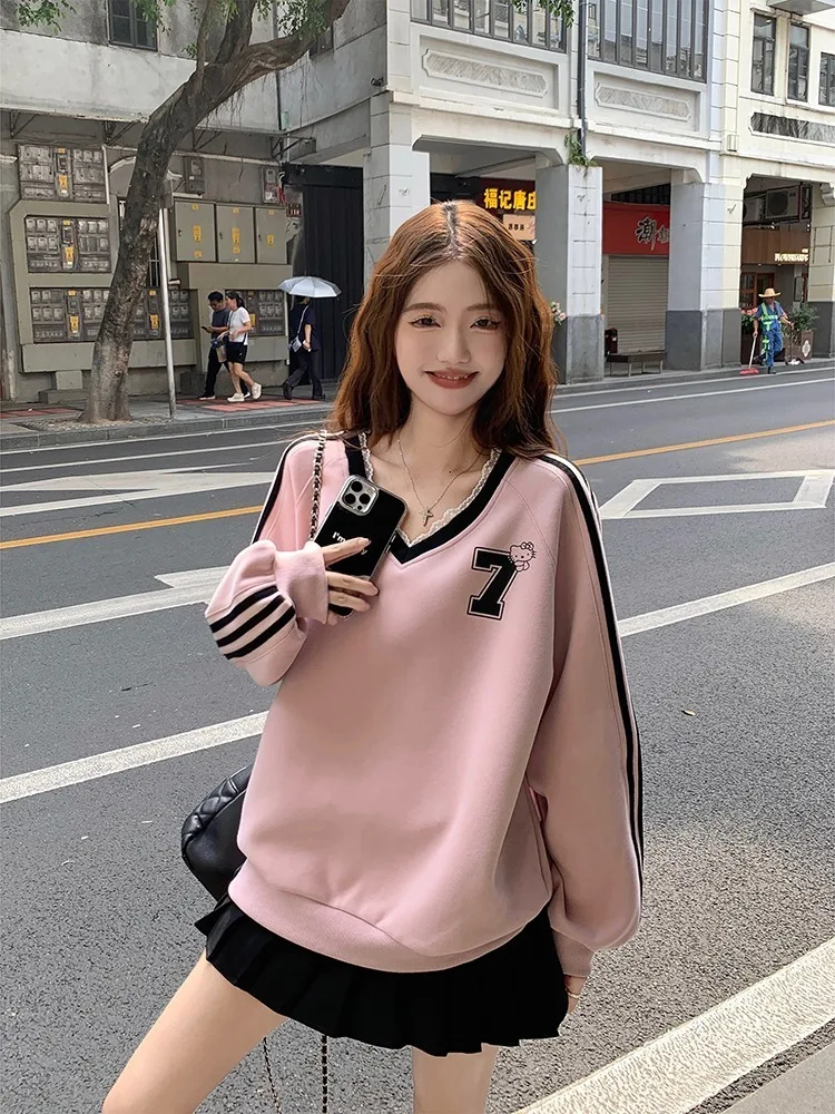 Aesthetic Oversized Sweatshirts Women Streetwear Y2k Sweet V Neck Graphic Hoodies Korean Fashion Kpop Tops