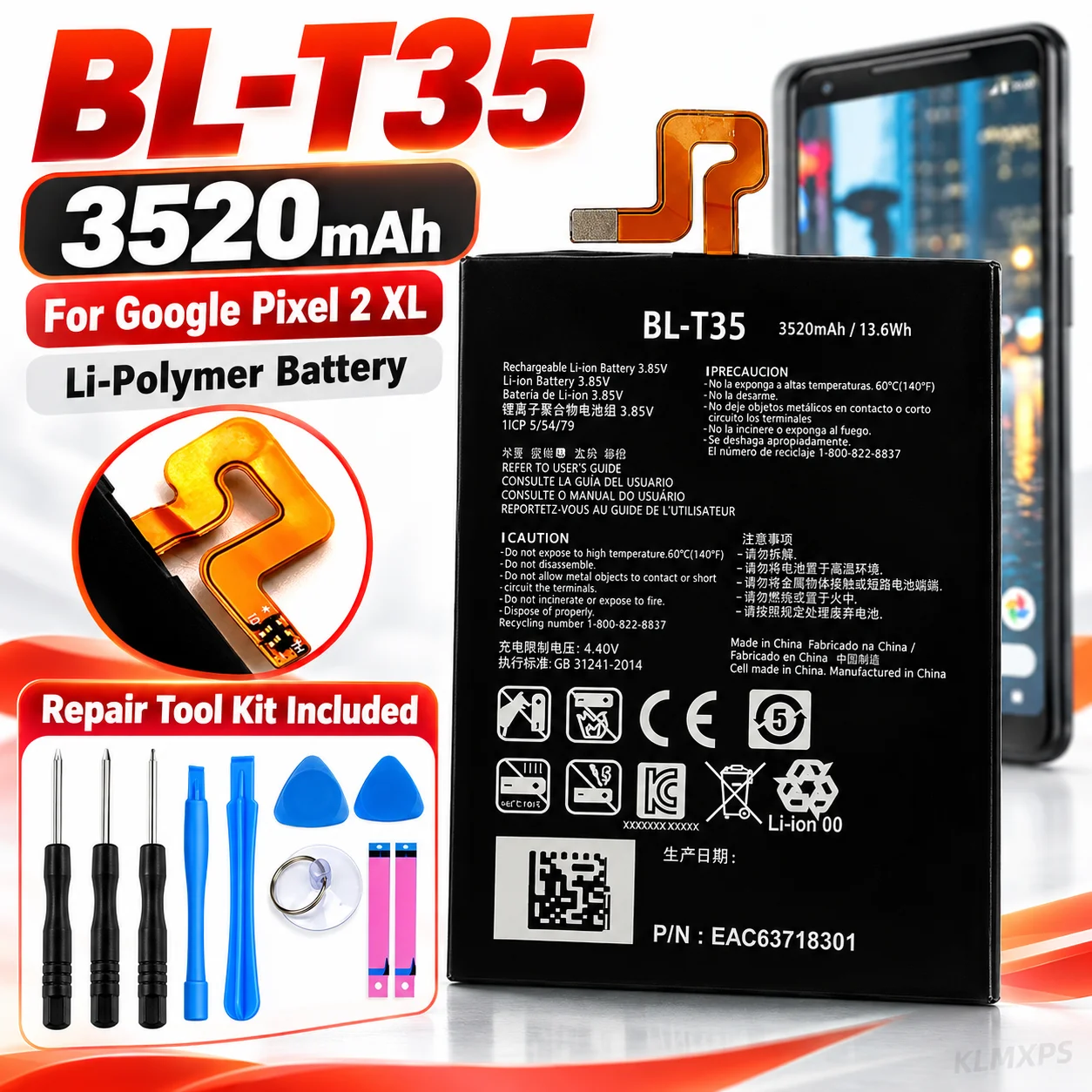 3520mAh BL-T35 Battery for Google Pixel 2 XL Replacement Battery 3.85V Li-Polymer Rechargeable Battery Repair Tools Included