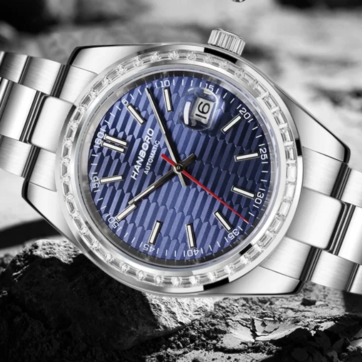

HANBORO Мужские автоматические часы 40 мм Роскошные механические наручные часы 5ATM Водонепроницаемые светящиеся хрустальные безели Дата с лупой