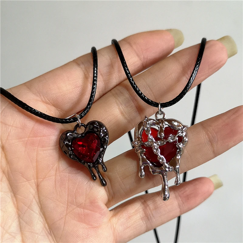 Gothic Red Black Lava Heart Pendant Rope Necklace For Women Men Grunge Halloween Rave Accessories Y2K 90s EMO Aesthetic Jewelry