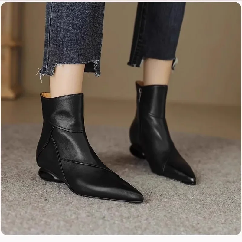 Fashion Retro Irregular Mid Heels Short Boots Womens Soft Leather Pointed Toe Side Zipper Modern Chelsea Boot Autumn Winter Shoe