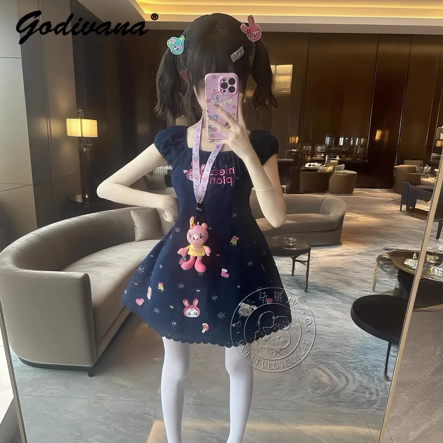 Impressão completa bonito bordado filha meninas denim vestido novo verão vintage manga curta bordado feminino bonito denim camisa topos