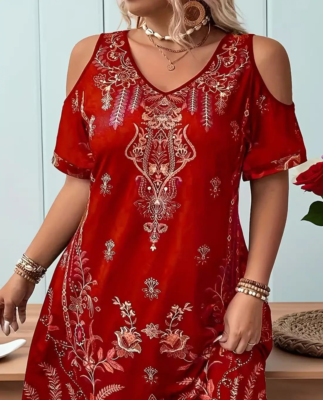 فستان مطبوع على الطراز البوهيمي العرقي مقاس كبير، فستان خارج الكتف، فستان صيفي كاجوال بأكمام قصيرة ورقبة على شكل V، ملابس بمقاسات كبيرة