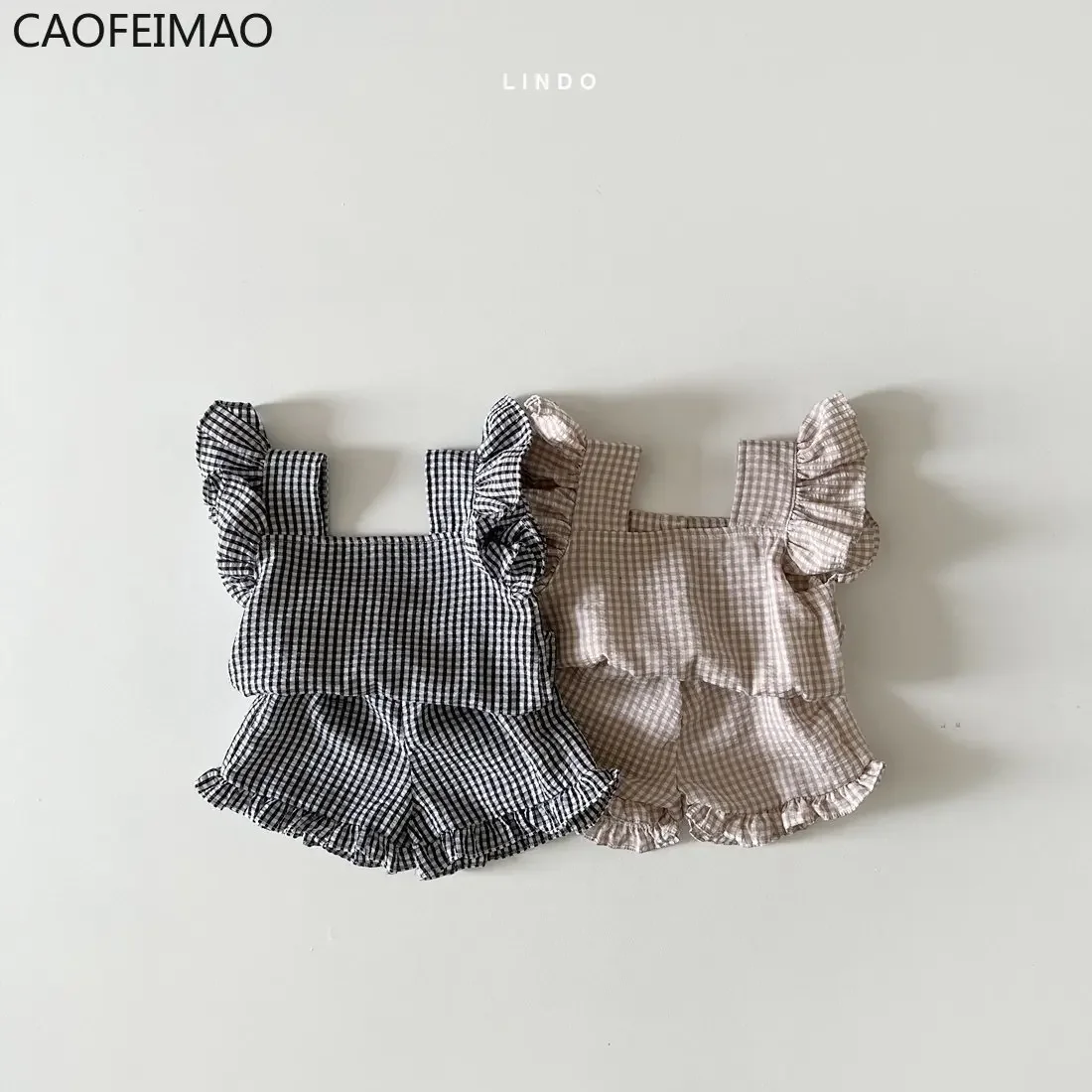 

Baby Girl Plaid Clothes Set Casual Ruffle Sleeves T-shirt Top Shorts Girl Simple Set Kid Summer Bebes Accesorios Recien Nacido