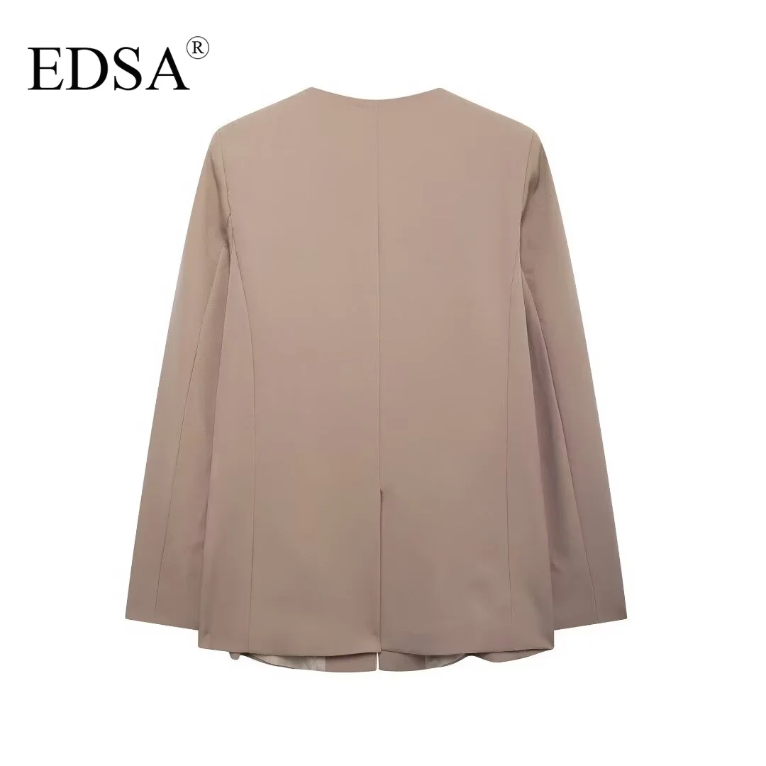 EDSA Women V-Neck Blazer Jacket Hidden Breasted Long Sleeves Welt Pockets for Office Lady Khaki Solid Color Coat