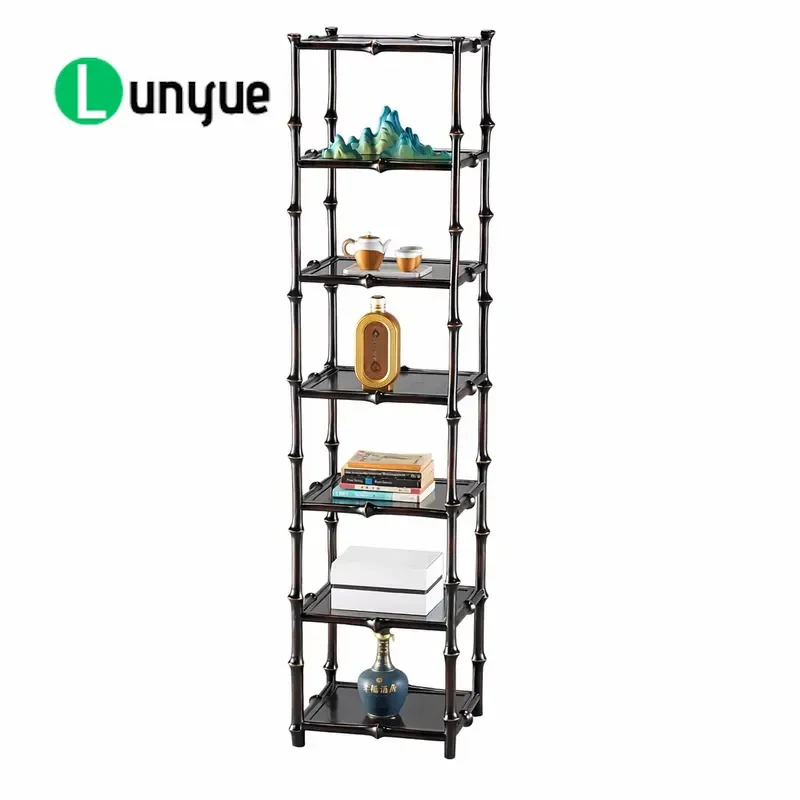 New Chinese Style 7 Layer Floor to Ceiling Storage Rack Lacquered Woven Bamboo Bookcase Narrow Design for Home Living Room