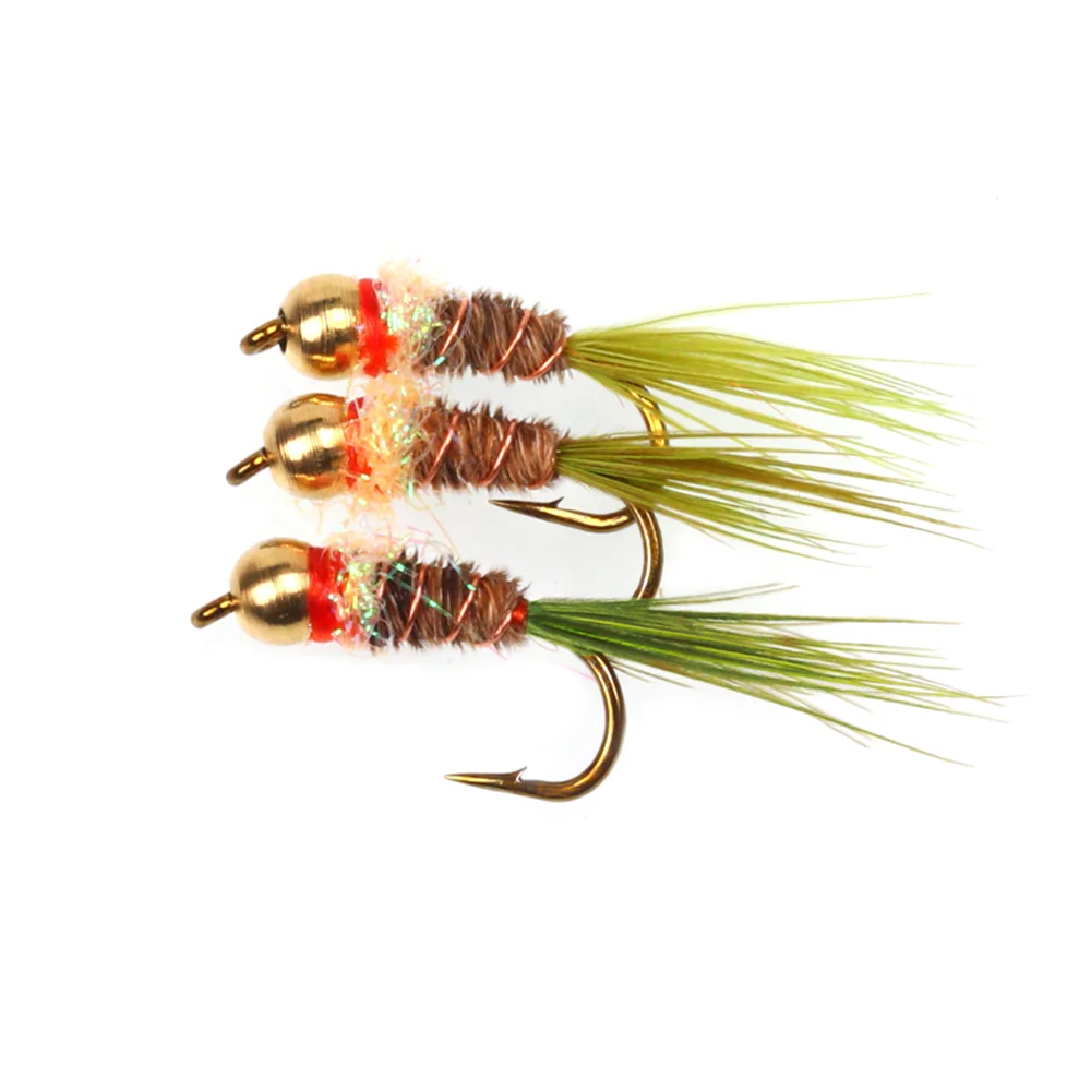 5 piezas/10 piezas # 16 Ninfas Euro de cabeza de latón con plumas de faisán y cola de faisán, para pesca con mosca de trucha y pescada, señuelo de pesca
