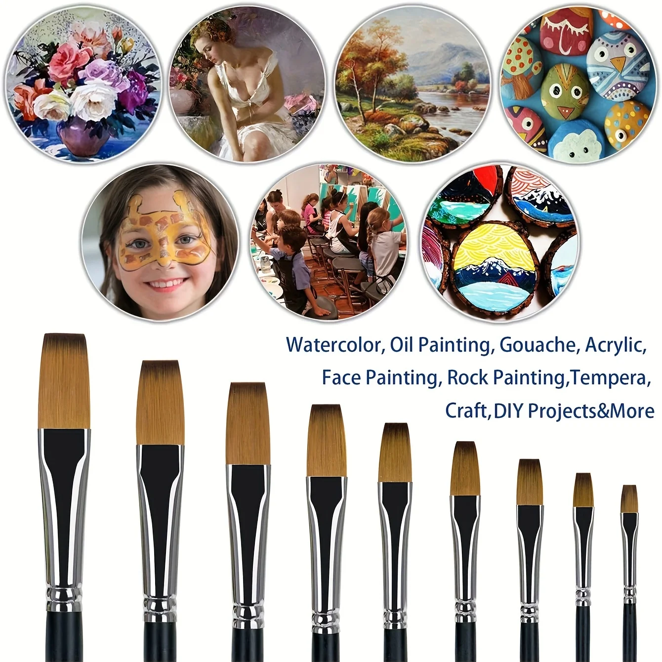 9pcs Synthetic Japanese Nylon Flat Acrylic Paint Brushes For Acrylic Painting Oil Watercolor Gouache Face Body Nail Art Painting