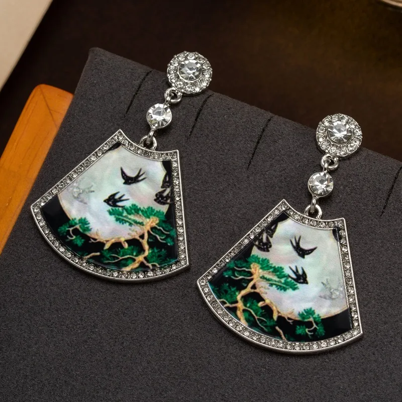 Chinese Style Fan Dangle Earrings, Enamel Rhinestone Swallow & Moon Pattern Retro Unique Women Statement Ear Jewelry