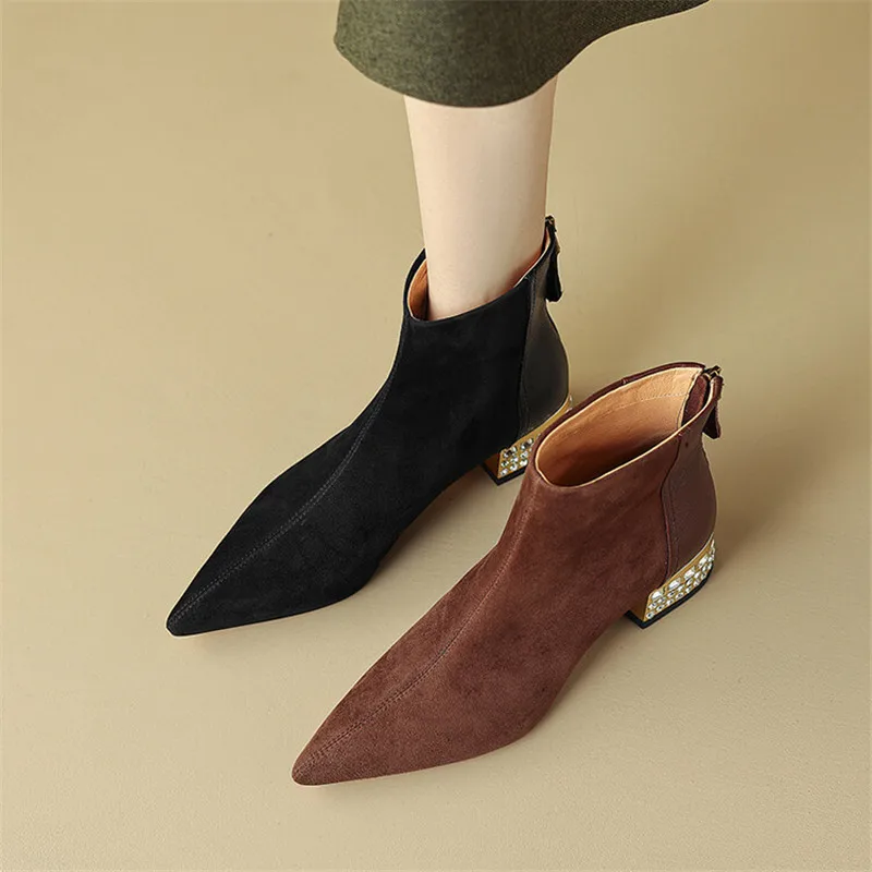 

New Autumn Winter Sheep Suede Women Boots Fashion Rhinestone Chunky Heels Pointed Toe Knight Boots for Women Short Boots Women