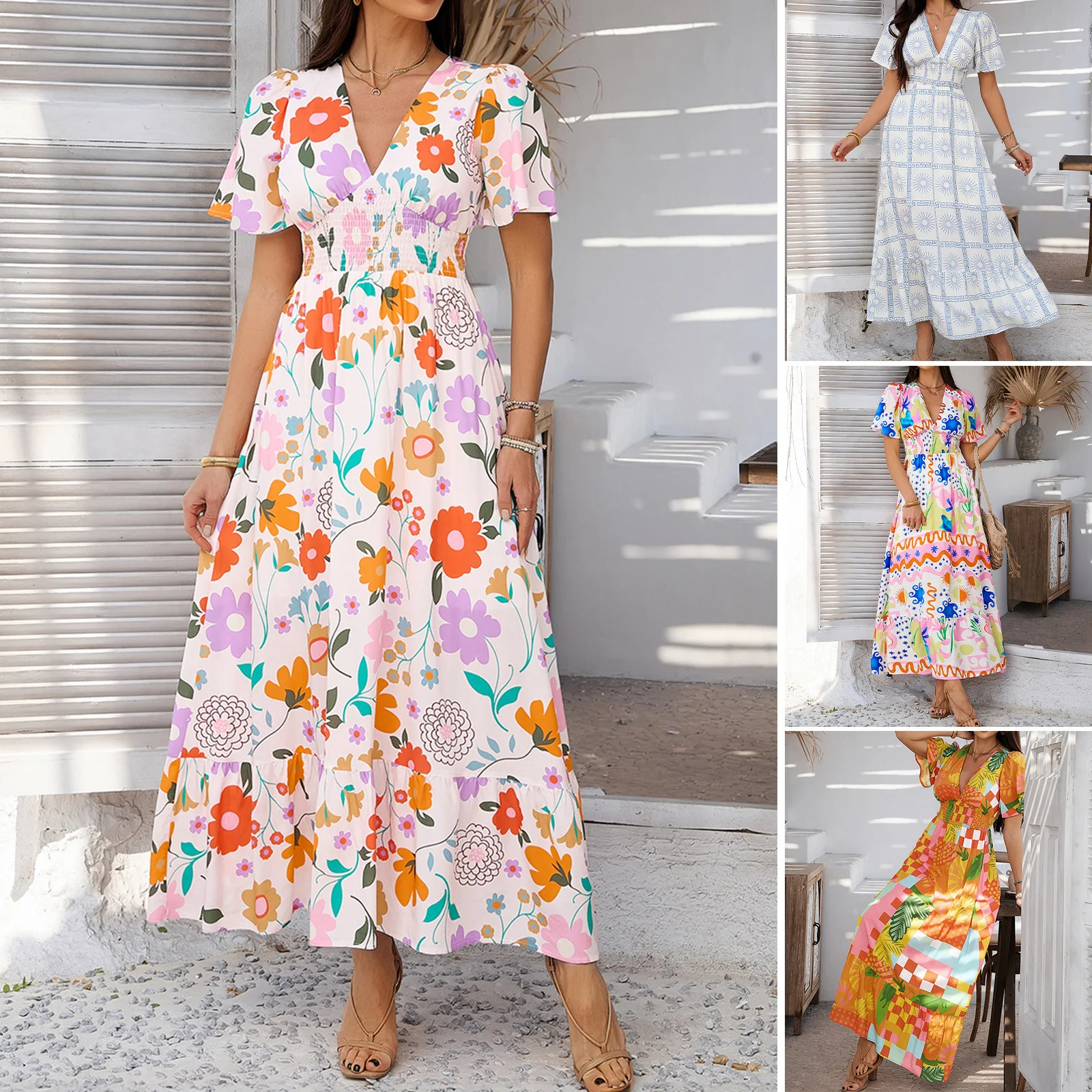

2025 Spring And Summer Leisure Pomisia Vacation Style Print Contrasting Color V-neck High-waisted Short-sleeved Dress