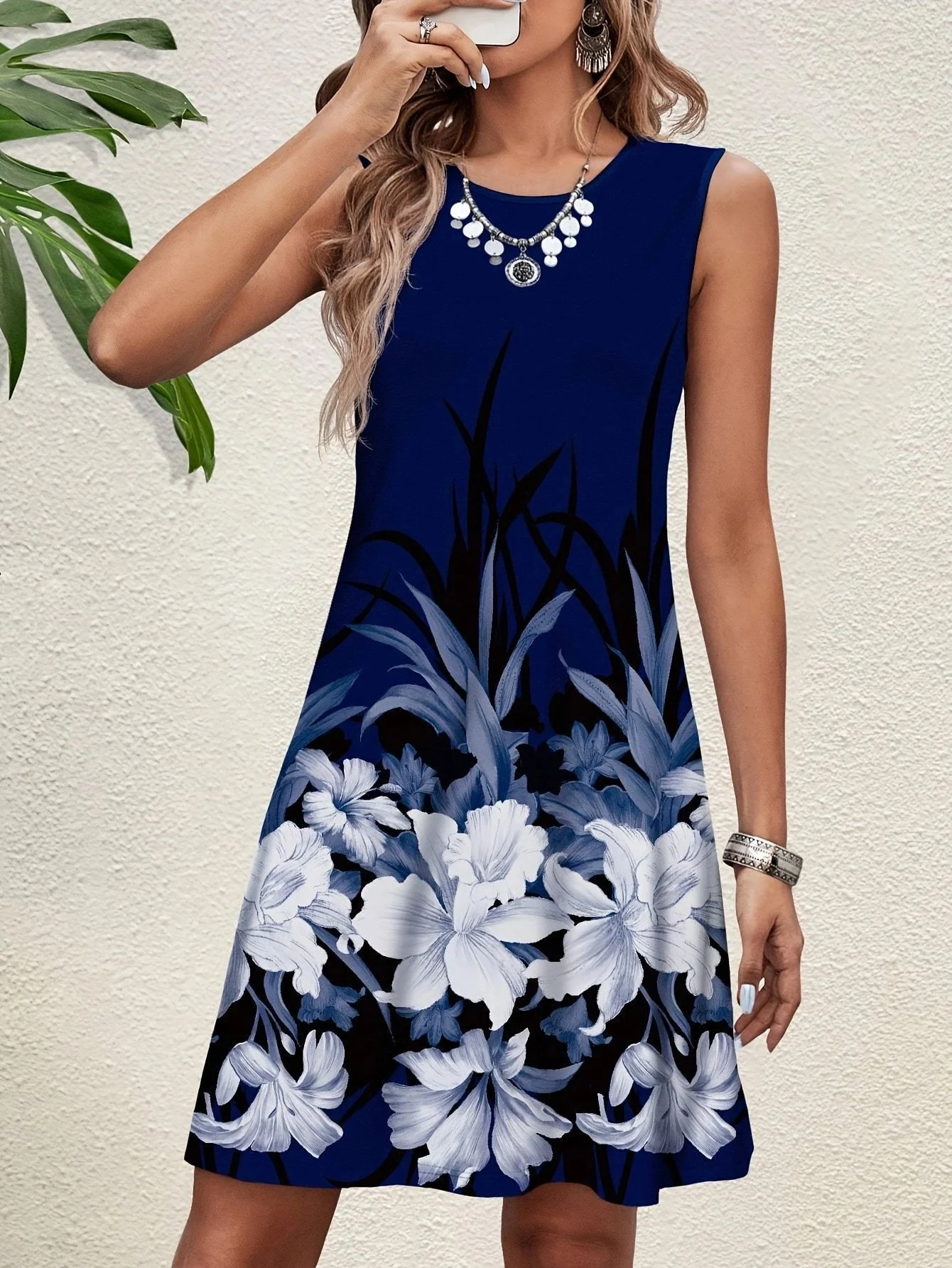 Damen-Kleid mit Blumendruck, ärmellos, Sommerkleid, lässig, O-Ausschnitt, lockeres A-Linien-Minikleid, böhmisches Strand-Sommerkleid