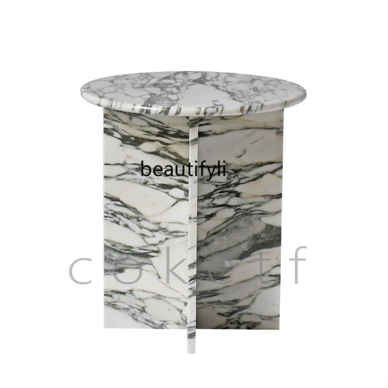 

Italian minimalist light luxury high sense large flower white marble luxury stone round edge few designer sofa side table