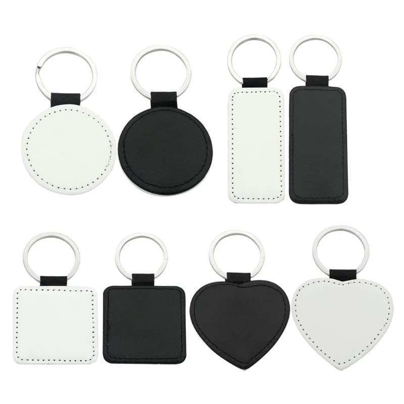 ZB91 10 Pcs Leather Keychains Blank Heart Round Square MDF Keychains Sublimation Heat Transfer Keychains Kit Jewelry Making