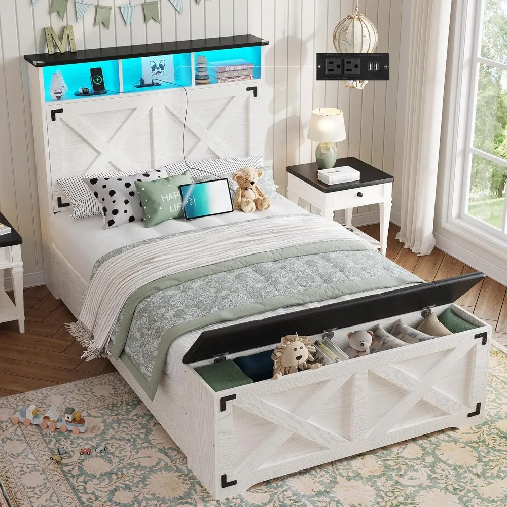 Farmhouse Twin Size Bed Frame with Storage Headboard Charging Station LED Lights Platform Bed with Ottoman for Kids Teen